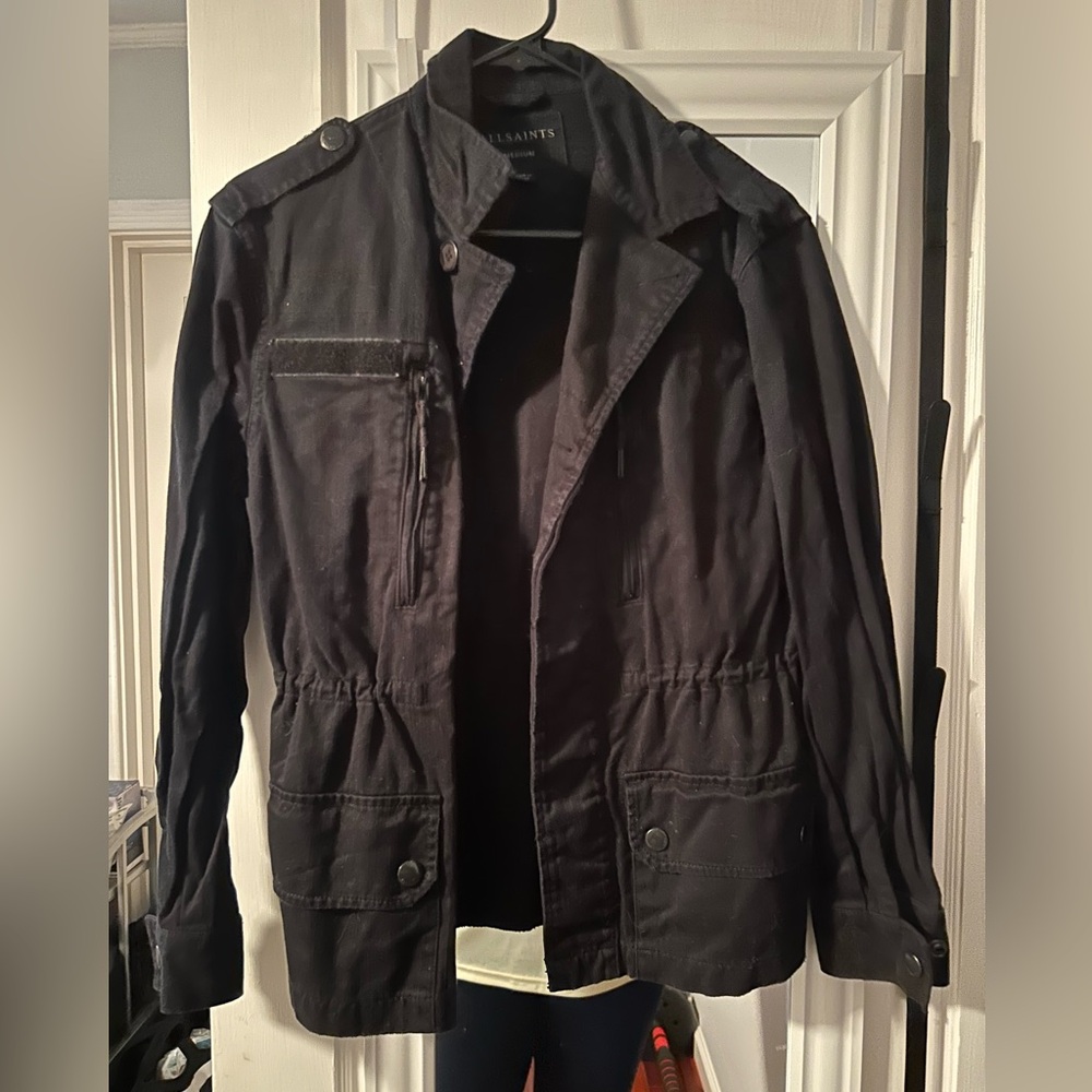ALL SAINTS London Black Jean Denim Utility Cinched Waist Trench Jacket Top M